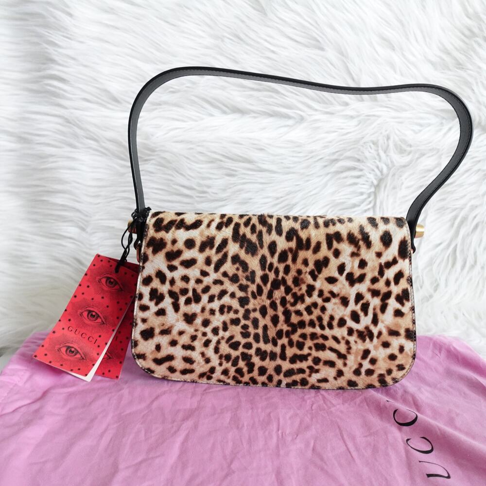 Gucci Leopard Face Cheetah Calf Hair Black Leather Shoulder Bag - Picture 2 of 15